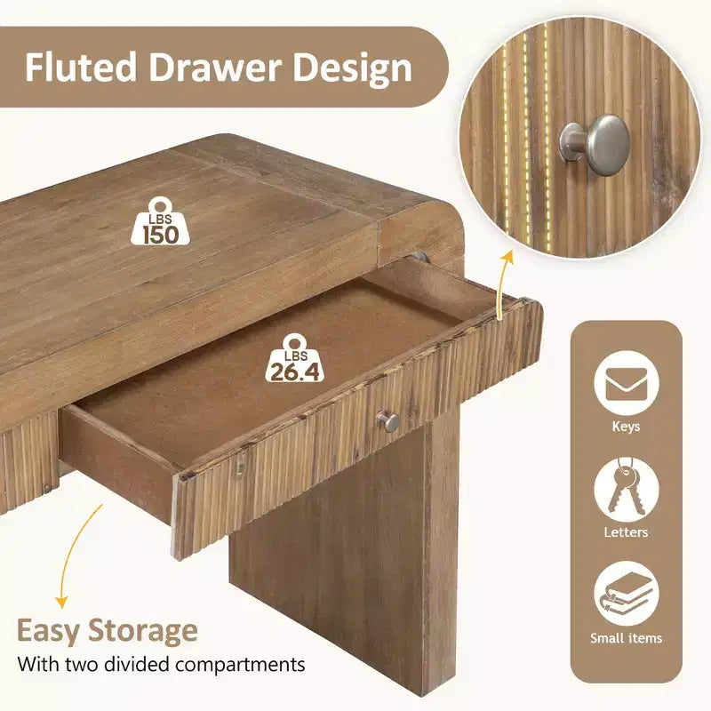 Rustic Console Table with Fluted Drawer and Curved Corners, Entryway Table with Thick Legs and Storage Drawer for Living Room - ModernLuxe