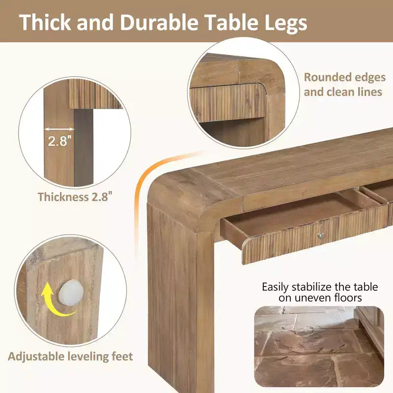 Rustic Console Table with Fluted Drawer and Curved Corners, Entryway Table with Thick Legs and Storage Drawer for Living Room - ModernLuxe