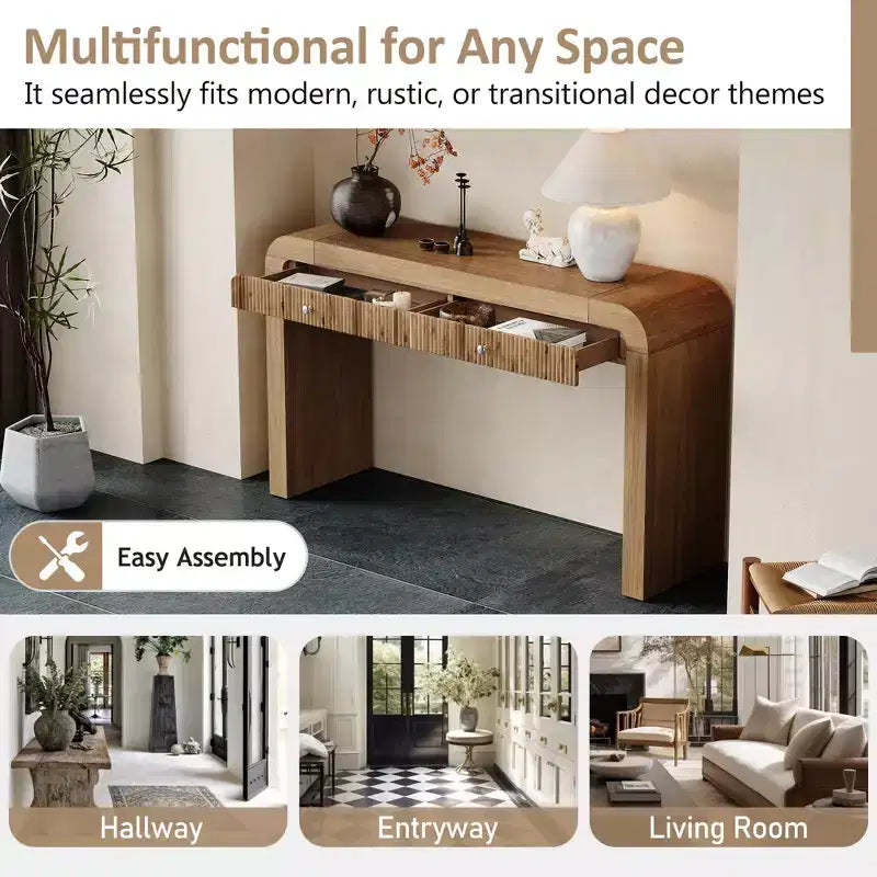 Rustic Console Table with Fluted Drawer and Curved Corners, Entryway Table with Thick Legs and Storage Drawer for Living Room - ModernLuxe