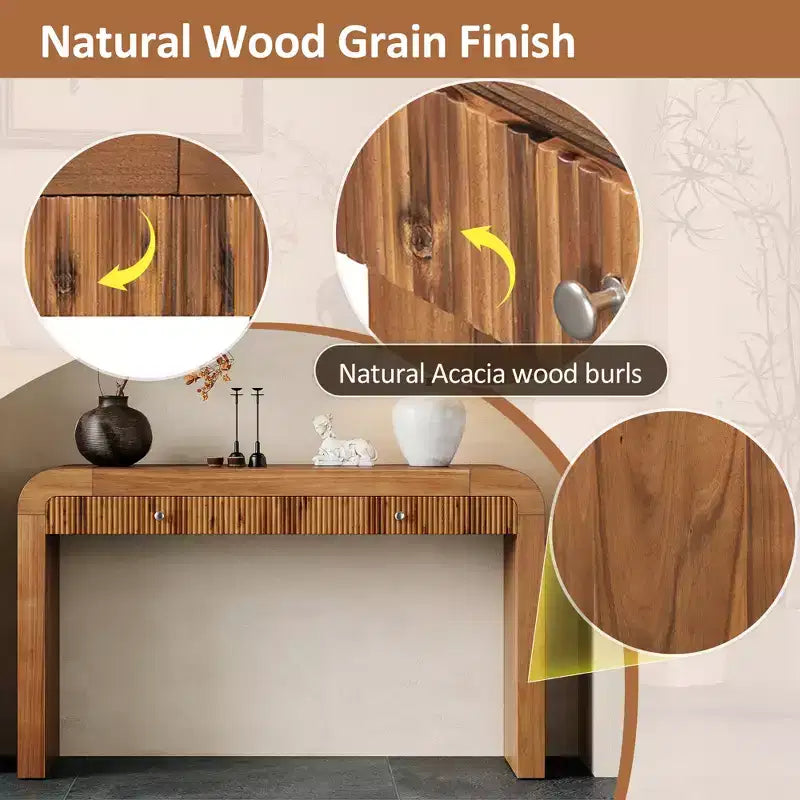 Rustic Console Table with Fluted Drawer and Curved Corners, Entryway Table with Thick Legs and Storage Drawer for Living Room - ModernLuxe