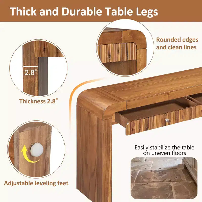 Rustic Console Table with Fluted Drawer and Curved Corners, Entryway Table with Thick Legs and Storage Drawer for Living Room - ModernLuxe