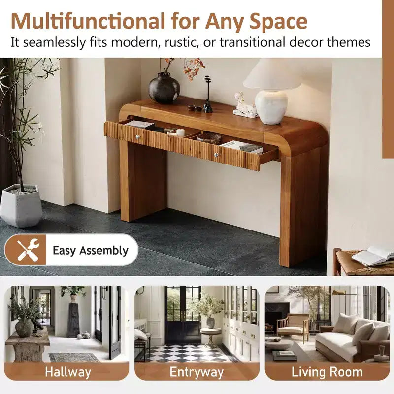 Rustic Console Table with Fluted Drawer and Curved Corners, Entryway Table with Thick Legs and Storage Drawer for Living Room - ModernLuxe