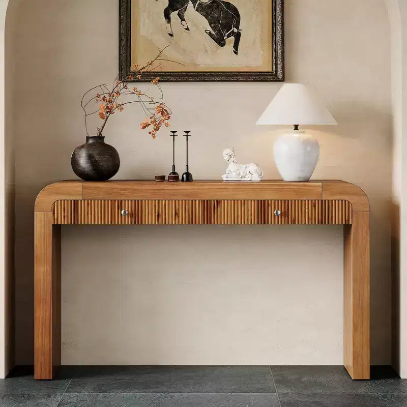 Rustic Console Table with Fluted Drawer and Curved Corners, Entryway Table with Thick Legs and Storage Drawer for Living Room - ModernLuxe