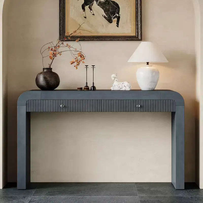 Rustic Console Table with Fluted Drawer and Curved Corners, Entryway Table with Thick Legs and Storage Drawer for Living Room - ModernLuxe