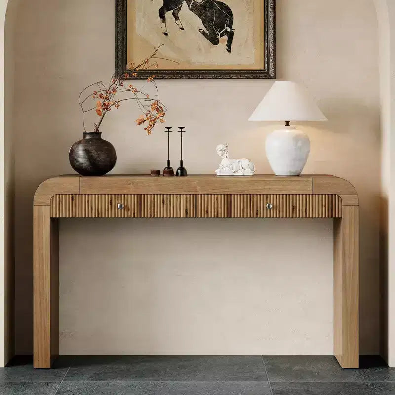 Rustic Console Table with Fluted Drawer and Curved Corners, Entryway Table with Thick Legs and Storage Drawer for Living Room - ModernLuxe