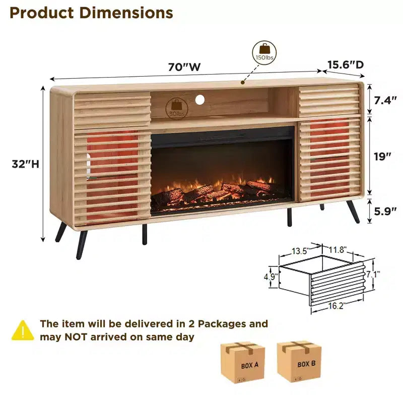 SinCiDo 70 Fireplace TV Stand, for 80 TV, w/ 36 Electric Fireplace, Remote Control, 3D Types of Flames & LED Lights, Slatted Sliding Doors,Drawers