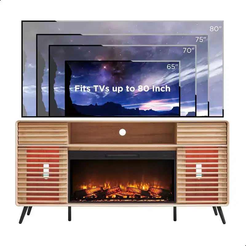 SinCiDo 70 Fireplace TV Stand, for 80 TV, w/ 36 Electric Fireplace, Remote Control, 3D Types of Flames & LED Lights, Slatted Sliding Doors,Drawers
