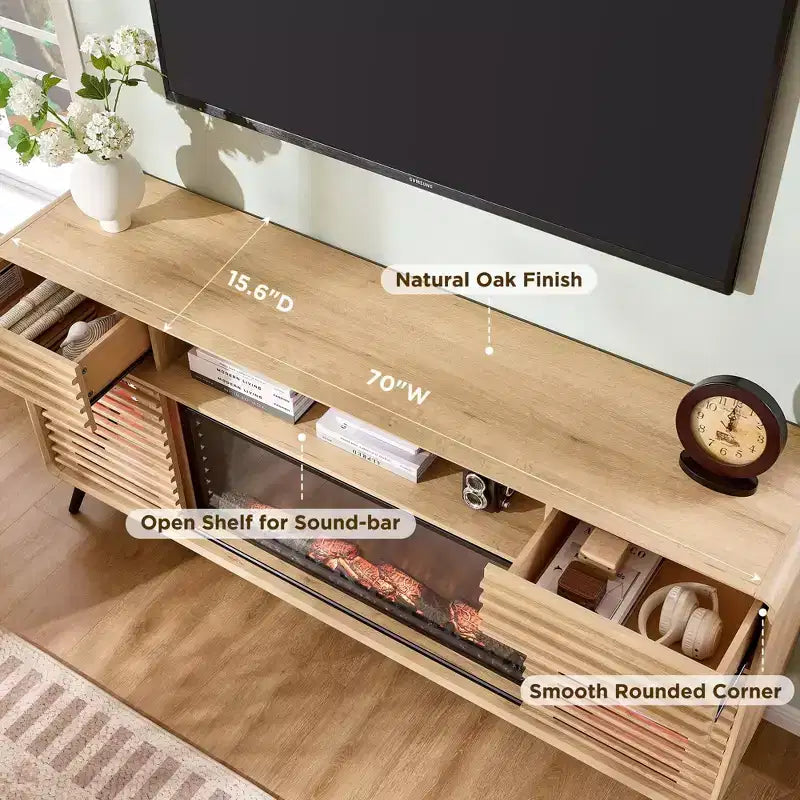 SinCiDo 70 Fireplace TV Stand, for 80 TV, w/ 36 Electric Fireplace, Remote Control, 3D Types of Flames & LED Lights, Slatted Sliding Doors,Drawers