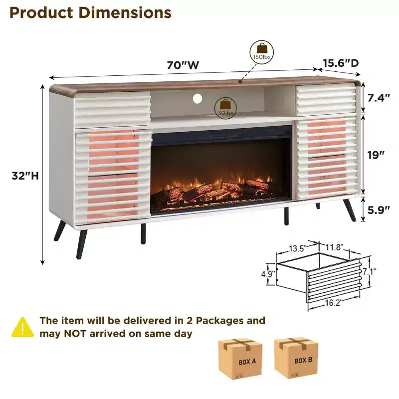 SinCiDo 70 Fireplace TV Stand, for 80 TV, w/ 36 Electric Fireplace, Remote Control, 3D Types of Flames & LED Lights, Slatted Sliding Doors,Drawers