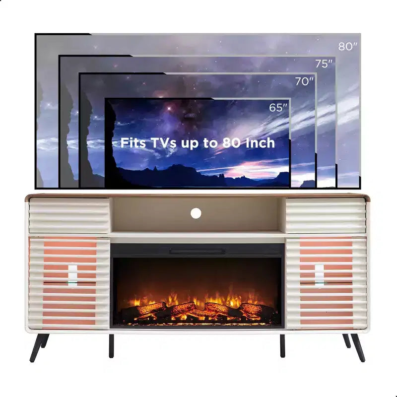 SinCiDo 70 Fireplace TV Stand, for 80 TV, w/ 36 Electric Fireplace, Remote Control, 3D Types of Flames & LED Lights, Slatted Sliding Doors,Drawers