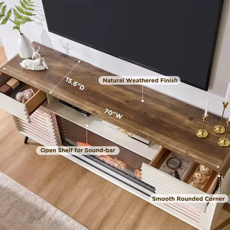 SinCiDo 70 Fireplace TV Stand, for 80 TV, w/ 36 Electric Fireplace, Remote Control, 3D Types of Flames & LED Lights, Slatted Sliding Doors,Drawers