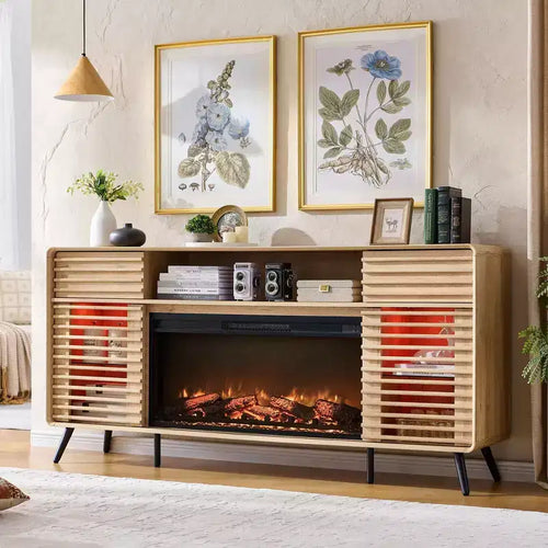 SinCiDo 70 Fireplace TV Stand, for 80 TV, w/ 36 Electric Fireplace, Remote Control, 3D Types of Flames & LED Lights, Slatted Sliding Doors,Drawers