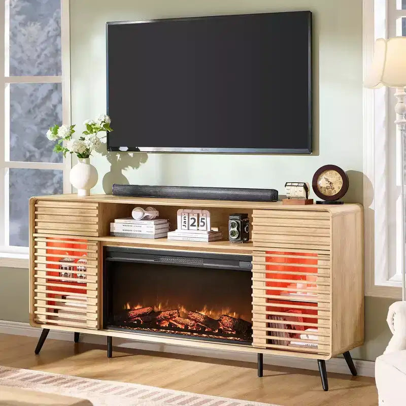 SinCiDo 70 Fireplace TV Stand, for 80 TV, w/ 36 Electric Fireplace, Remote Control, 3D Types of Flames & LED Lights, Slatted Sliding Doors,Drawers