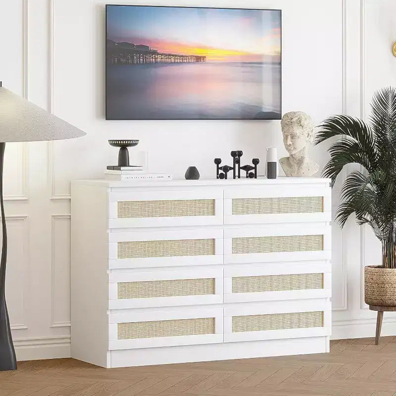Rattan Decorative Storage Cabinets, Dresser for Bedroom, 8 Drawer Dresser for Closet