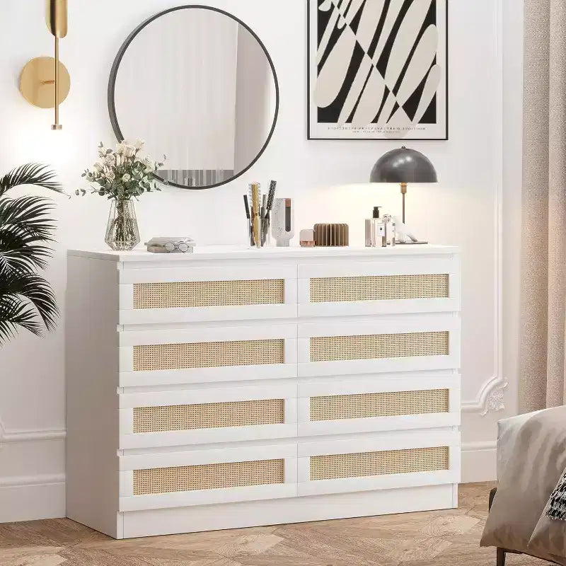 Rattan Decorative Storage Cabinets, Dresser for Bedroom, 8 Drawer Dresser for Closet