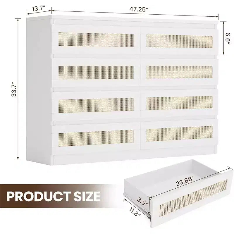 Rattan Decorative Storage Cabinets, Dresser for Bedroom, 8 Drawer Dresser for Closet