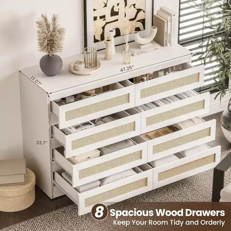 Rattan Decorative Storage Cabinets, Dresser for Bedroom, 8 Drawer Dresser for Closet