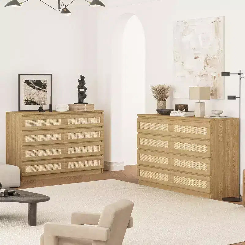 Rattan Decorative Storage Cabinets, Dresser for Bedroom, 8 Drawer Dresser for Closet