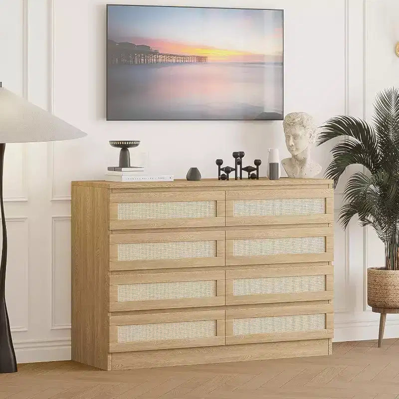 Rattan Decorative Storage Cabinets, Dresser for Bedroom, 8 Drawer Dresser for Closet