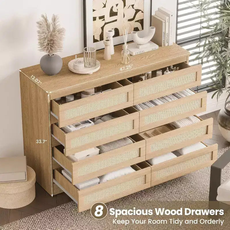 Rattan Decorative Storage Cabinets, Dresser for Bedroom, 8 Drawer Dresser for Closet