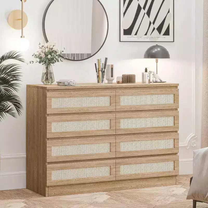 Rattan Decorative Storage Cabinets, Dresser for Bedroom, 8 Drawer Dresser for Closet