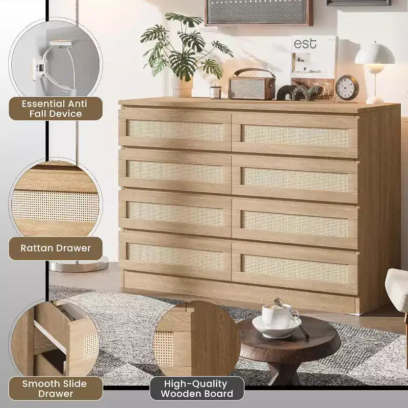 Rattan Decorative Storage Cabinets, Dresser for Bedroom, 8 Drawer Dresser for Closet