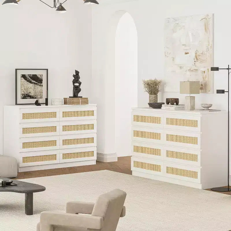 Rattan Decorative Storage Cabinets, Dresser for Bedroom, 8 Drawer Dresser for Closet