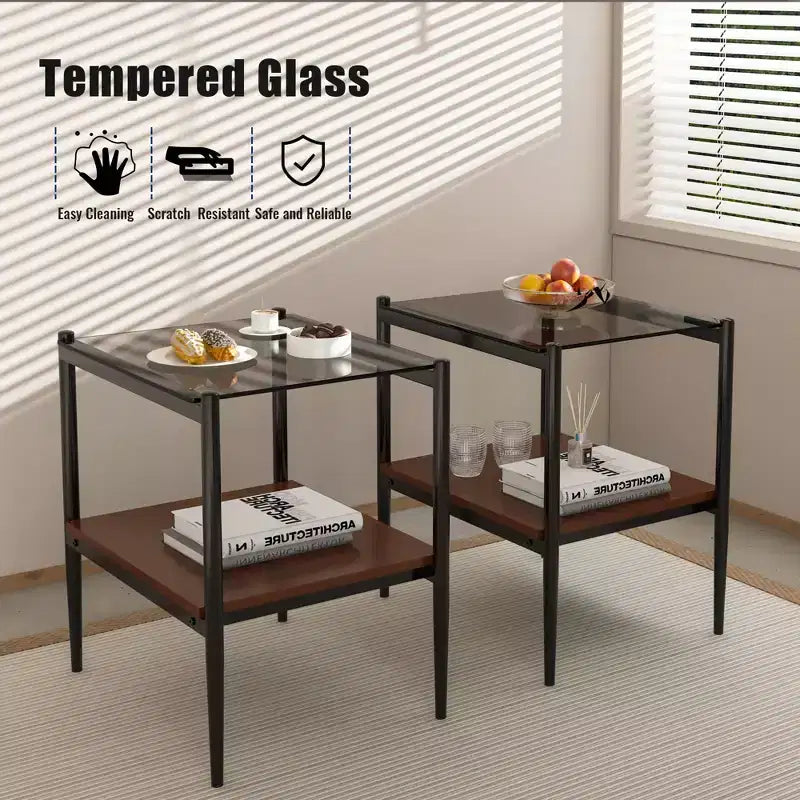 Set of 2 Rectangle End Table, Tempered Glass Tabletop with MDF layer, Modern Table for Living Room , Gray Glass
