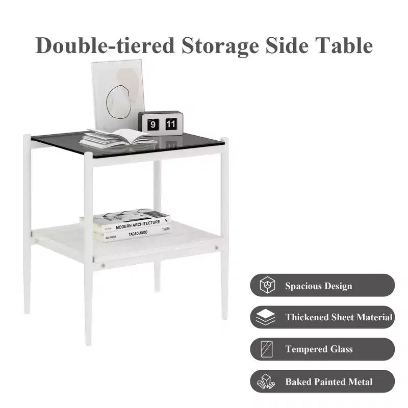 Set of 2 Rectangle End Table, Tempered Glass Tabletop with MDF layer, Modern Table for Living Room , Gray Glass