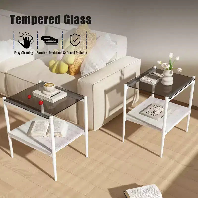 Set of 2 Rectangle End Table, Tempered Glass Tabletop with MDF layer, Modern Table for Living Room , Gray Glass