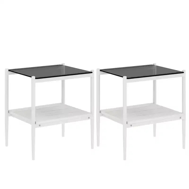 Set of 2 Rectangle End Table, Tempered Glass Tabletop with MDF layer, Modern Table for Living Room , Gray Glass
