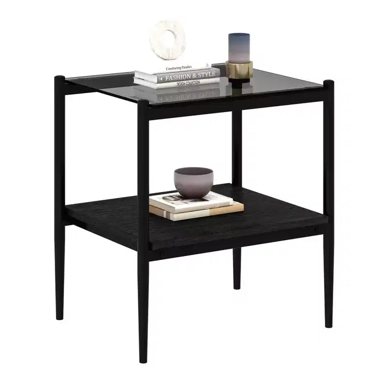 Set of 2 Rectangle End Table, Tempered Glass Tabletop with MDF layer, Modern Table for Living Room , Gray Glass