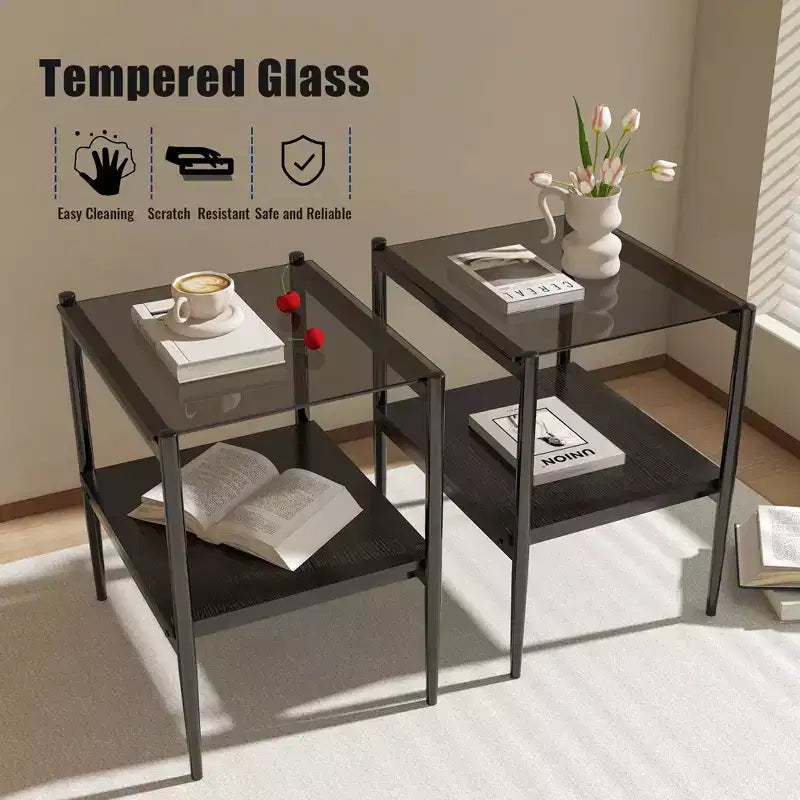 Set of 2 Rectangle End Table, Tempered Glass Tabletop with MDF layer, Modern Table for Living Room , Gray Glass
