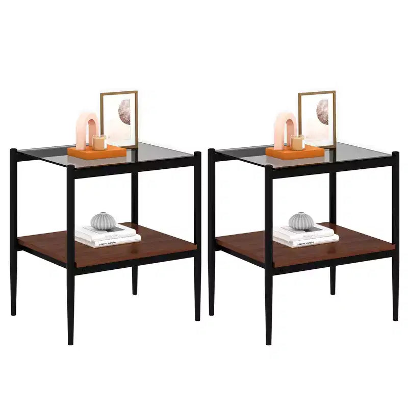 Set of 2 Rectangle End Table, Tempered Glass Tabletop with MDF layer, Modern Table for Living Room , Gray Glass