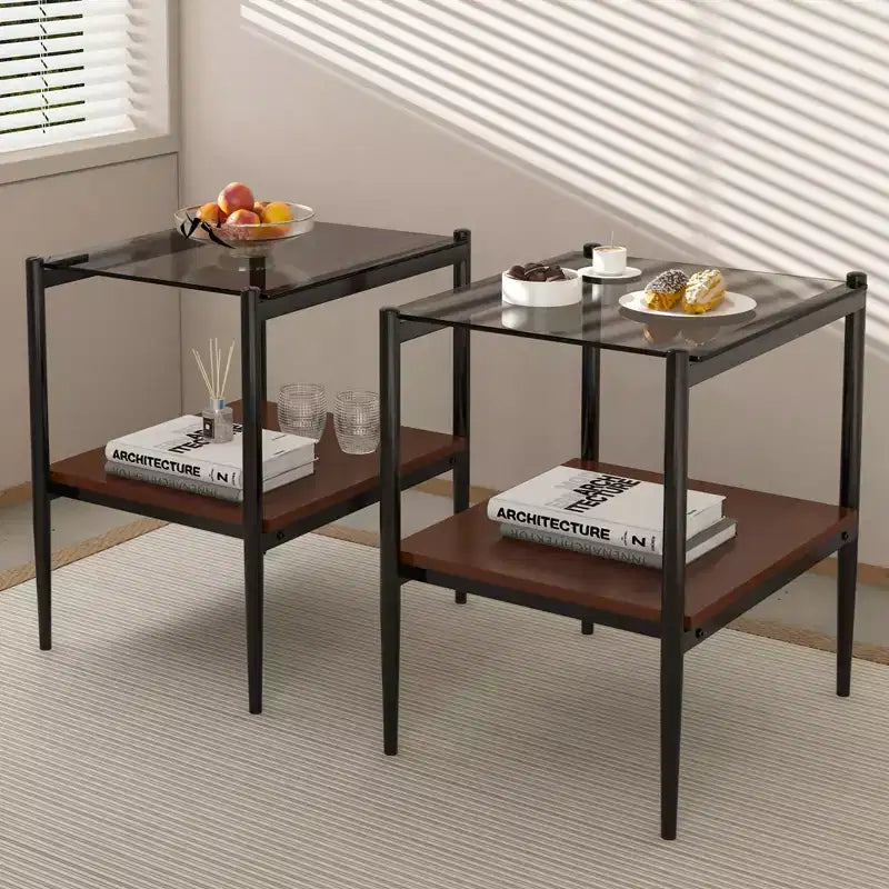 Set of 2 Rectangle End Table, Tempered Glass Tabletop with MDF layer, Modern Table for Living Room , Gray Glass