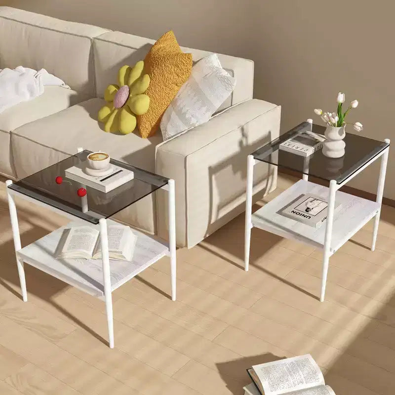 Set of 2 Rectangle End Table, Tempered Glass Tabletop with MDF layer, Modern Table for Living Room , Gray Glass