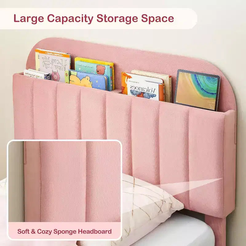 Velvet Bookcase Bed Frame Twin/Twin XL/Full Kids Platform Bed w/ Storage Headboard, Heavy-Duty Steel Frame