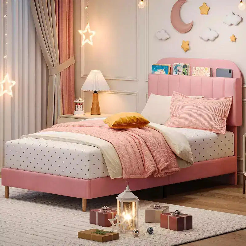 Velvet Bookcase Bed Frame Twin/Twin XL/Full Kids Platform Bed w/ Storage Headboard, Heavy-Duty Steel Frame