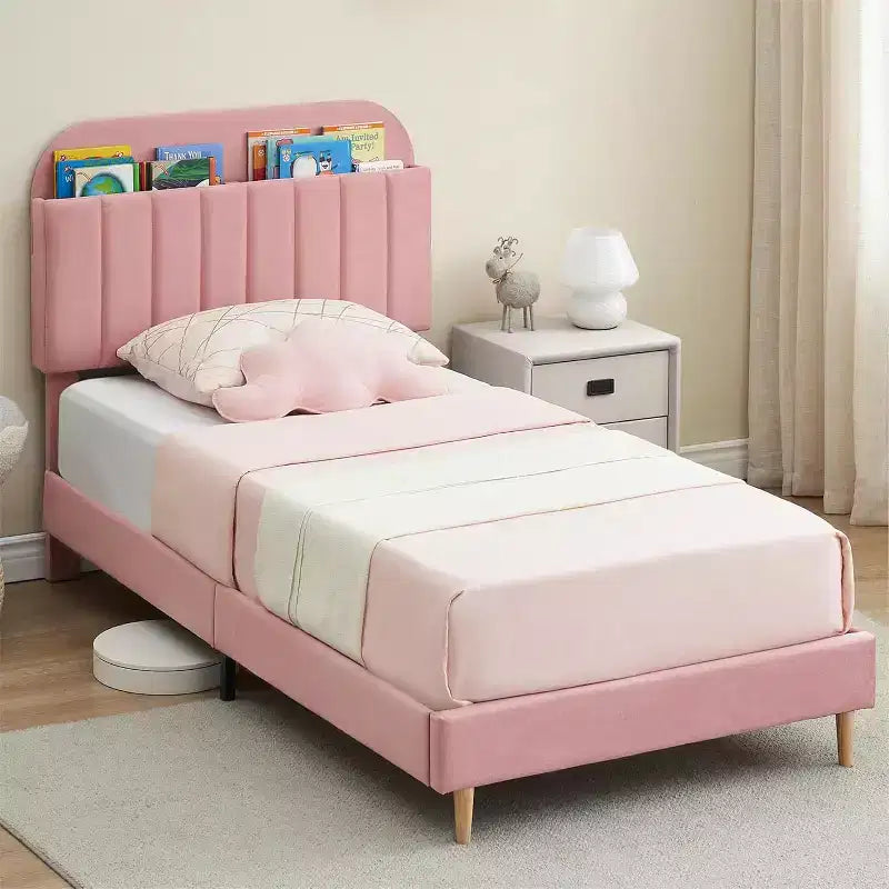 Velvet Bookcase Bed Frame Twin/Twin XL/Full Kids Platform Bed w/ Storage Headboard, Heavy-Duty Steel Frame