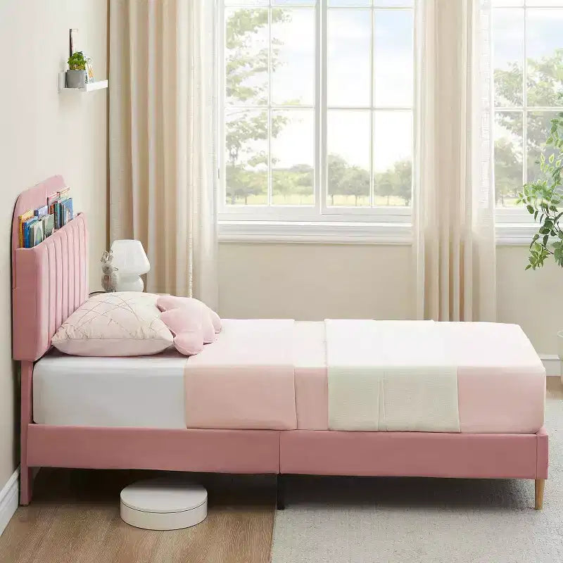 Velvet Bookcase Bed Frame Twin/Twin XL/Full Kids Platform Bed w/ Storage Headboard, Heavy-Duty Steel Frame