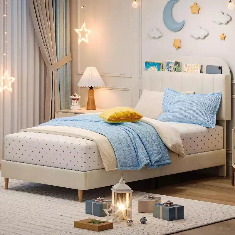 Velvet Bookcase Bed Frame Twin/Twin XL/Full Kids Platform Bed w/ Storage Headboard, Heavy-Duty Steel Frame