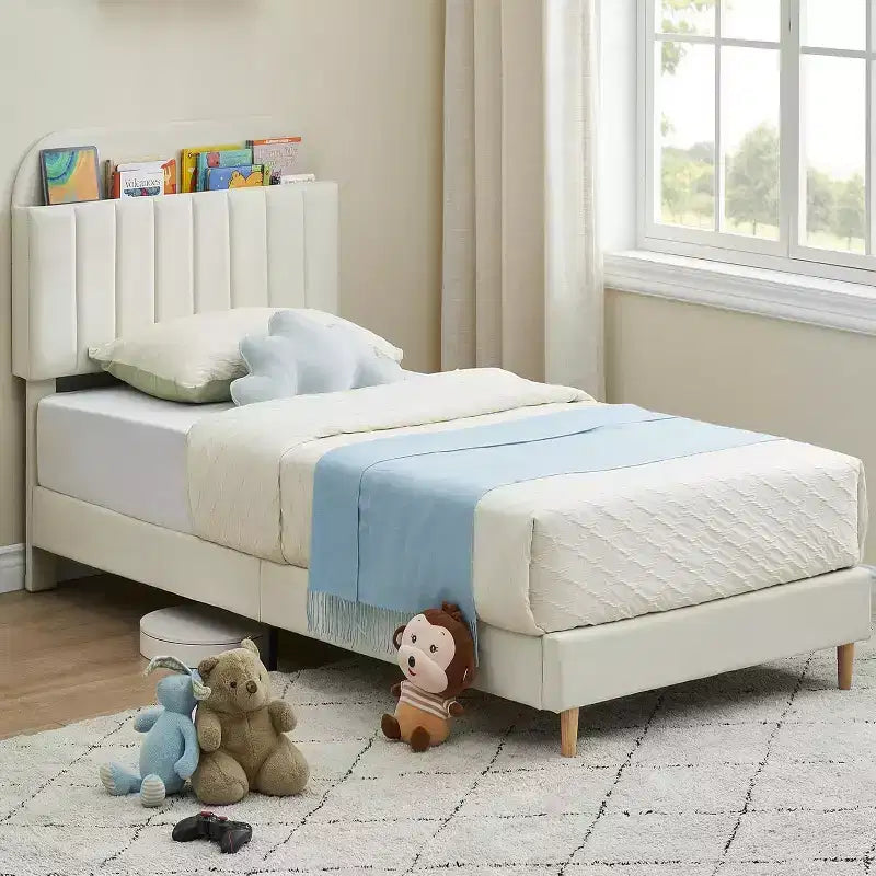 Velvet Bookcase Bed Frame Twin/Twin XL/Full Kids Platform Bed w/ Storage Headboard, Heavy-Duty Steel Frame