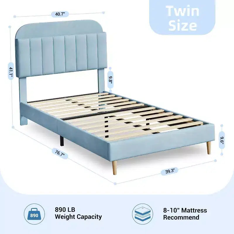 Velvet Bookcase Bed Frame Twin/Twin XL/Full Kids Platform Bed w/ Storage Headboard, Heavy-Duty Steel Frame