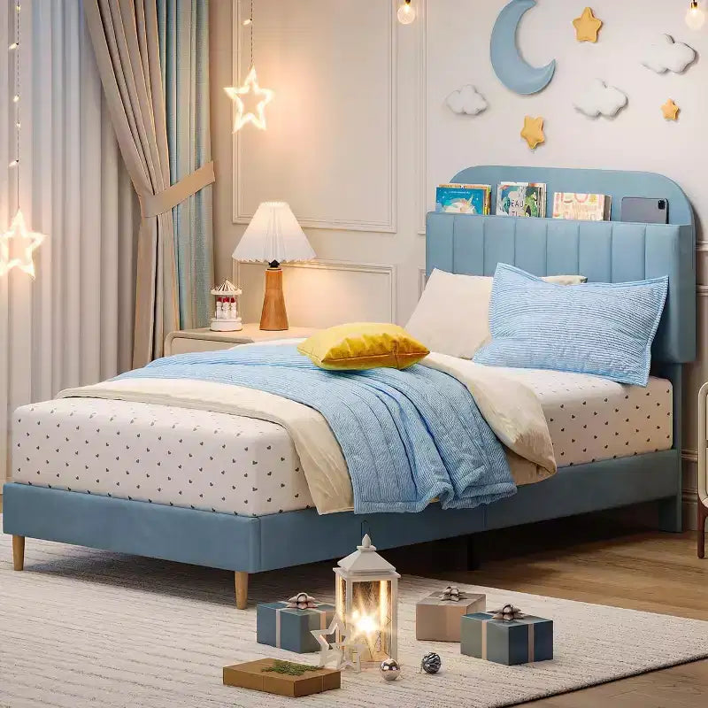 Velvet Bookcase Bed Frame Twin/Twin XL/Full Kids Platform Bed w/ Storage Headboard, Heavy-Duty Steel Frame