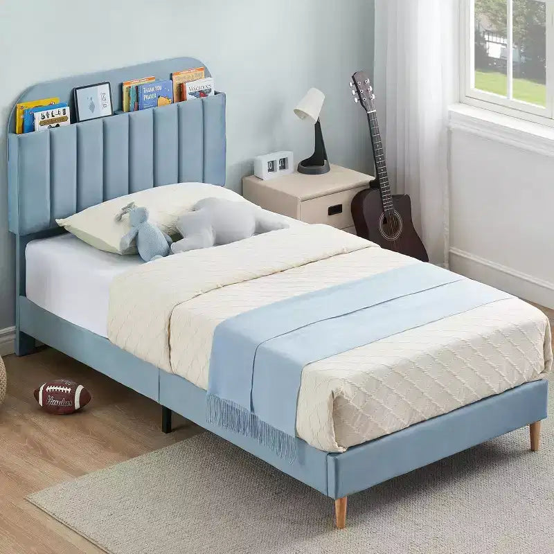 Velvet Bookcase Bed Frame Twin/Twin XL/Full Kids Platform Bed w/ Storage Headboard, Heavy-Duty Steel Frame
