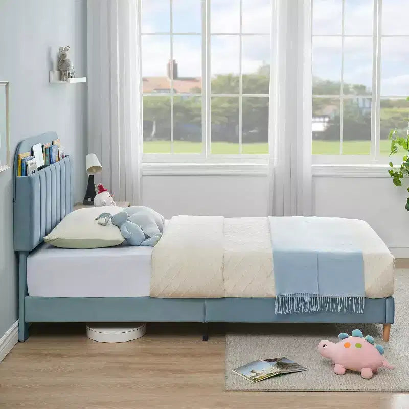 Velvet Bookcase Bed Frame Twin/Twin XL/Full Kids Platform Bed w/ Storage Headboard, Heavy-Duty Steel Frame