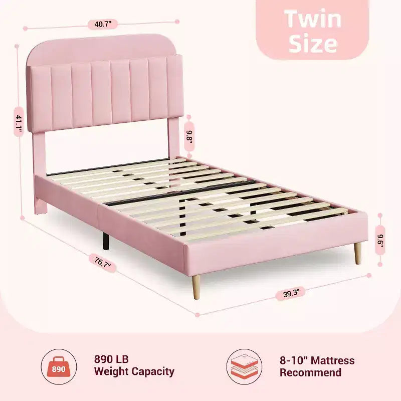 Velvet Bookcase Bed Frame Twin/Twin XL/Full Kids Platform Bed w/ Storage Headboard, Heavy-Duty Steel Frame