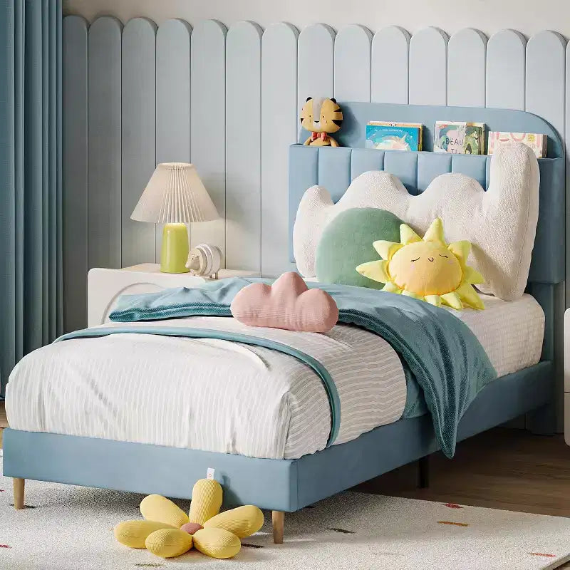 Velvet Bookcase Bed Frame Twin/Twin XL/Full Kids Platform Bed w/ Storage Headboard, Heavy-Duty Steel Frame