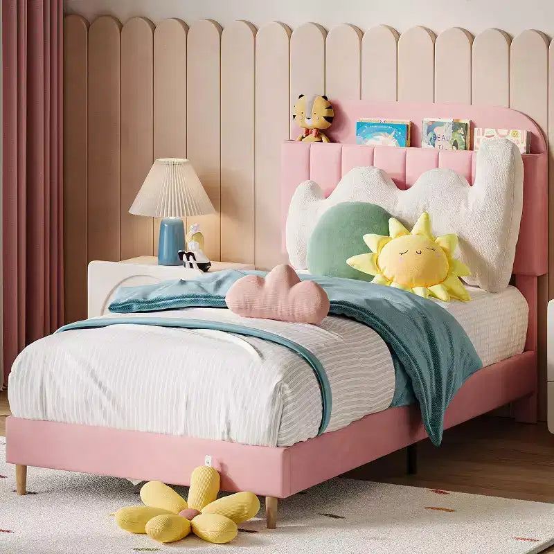 Velvet Bookcase Bed Frame Twin/Twin XL/Full Kids Platform Bed w/ Storage Headboard, Heavy-Duty Steel Frame