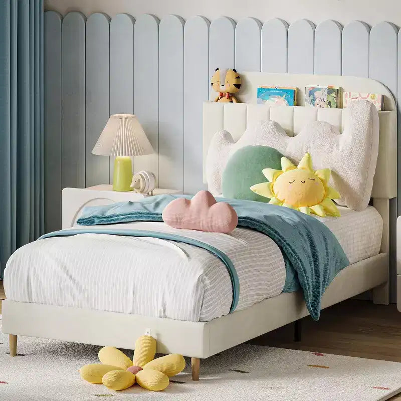 Velvet Bookcase Bed Frame Twin/Twin XL/Full Kids Platform Bed w/ Storage Headboard, Heavy-Duty Steel Frame